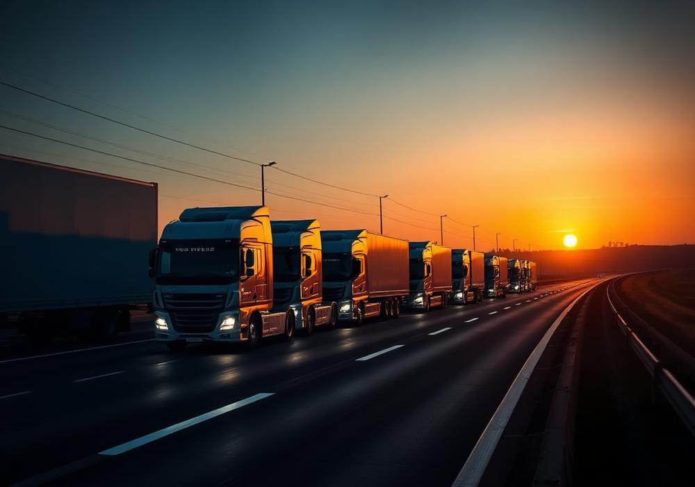 Frota de caminhões em rodovia ao amanhecer